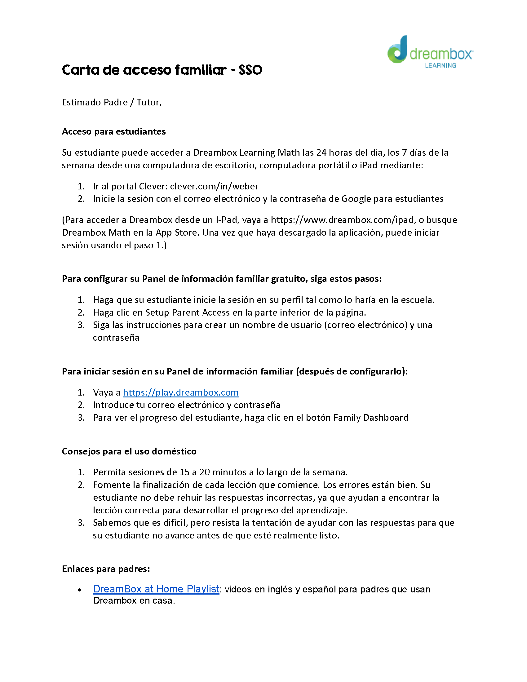 Dreambox Family Access Letter spanish 1